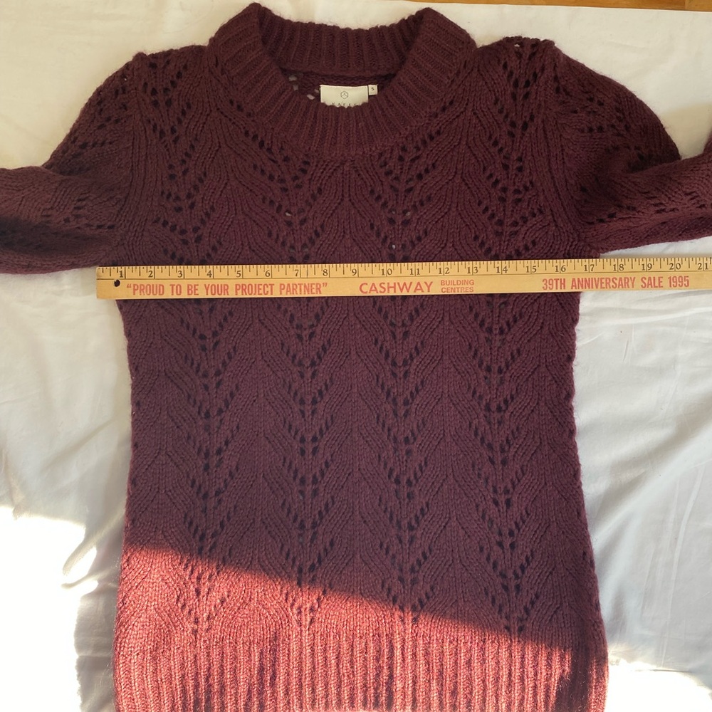 Women's Burgundy feminine Coquette Girl Open Knit Puff Sleeve Crewneck Sweater S - Picture 8 of 13